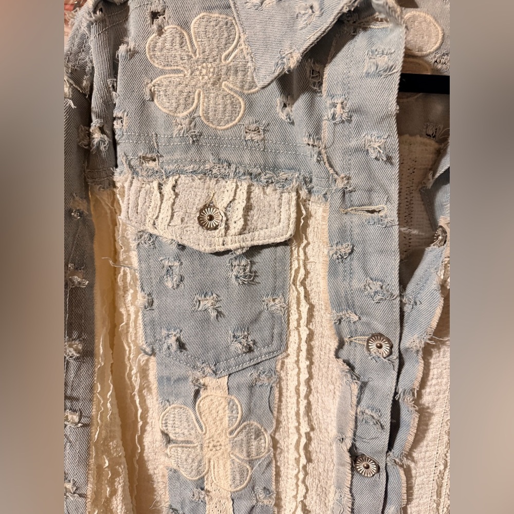 NWOT POL Distressed Light Blue Denim and Sweater Shacket - Picture 2 of 5
